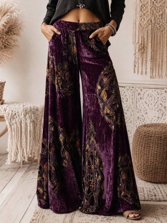 Pants - Purple Boho Women's Casual Floral Print Wide Leg Flowy Trousers